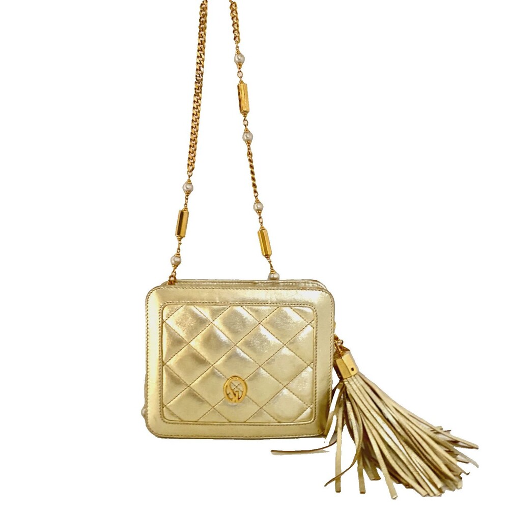 St. John Gold Quilted Leather Crossbody Bag Tassel Pearl Gold Chain Strap Italy